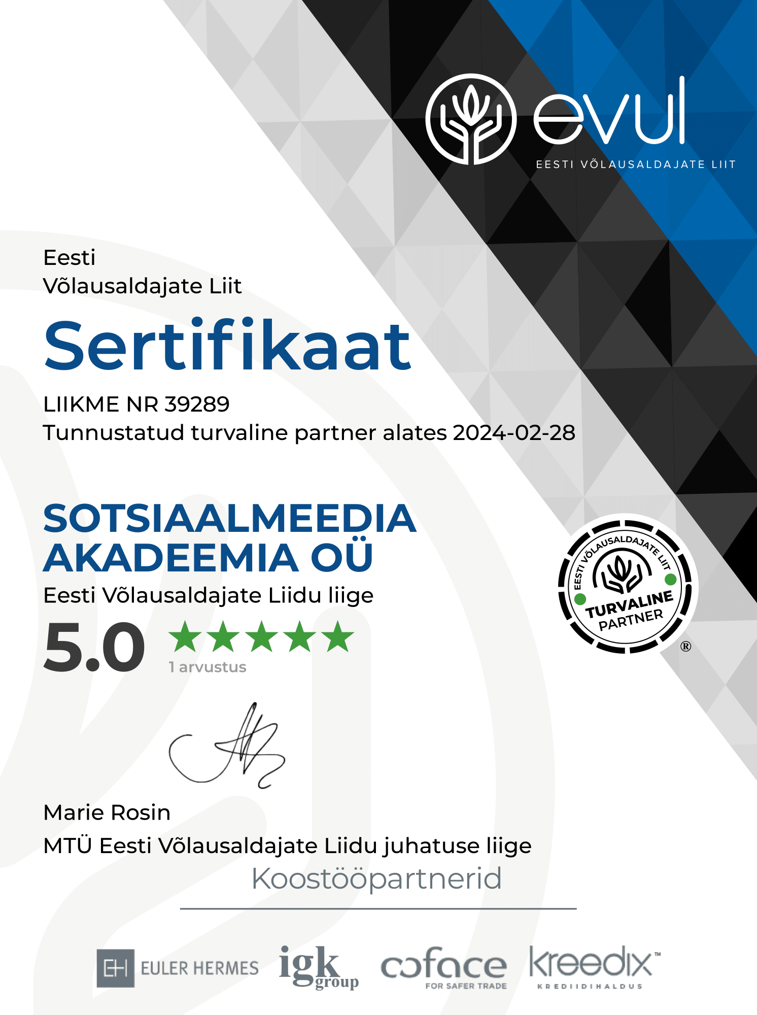 Eesti Võlausaldajate Liidu sertifikaat, Sotsiaalmeedia Akadeemia OÜ